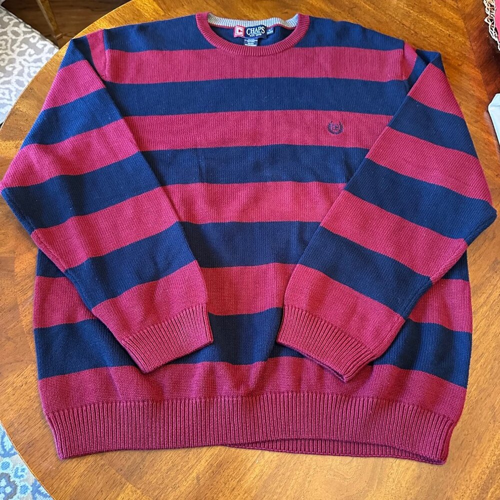 Chaps RL Mens XL Burgundy & Navy Crewneck Striped Sweater Cotton Preppy